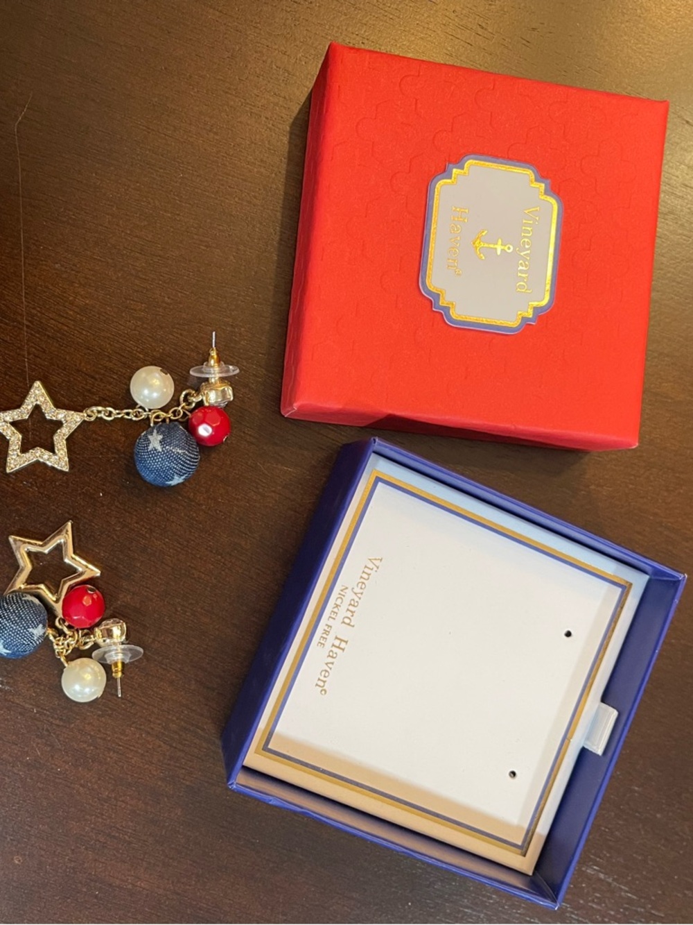 Gold Star Drop Earrings with Red, Navy & Pearl Accents - Picture 3 of 4
